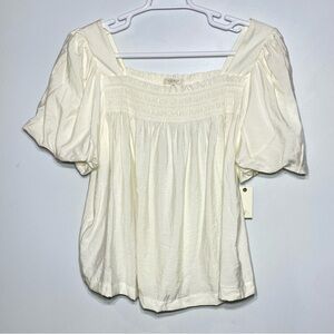 ANGELS FOREVER YOUNG Blouse Women's 1X Ivory Smocked Square Neck Puff Sleeve NWT